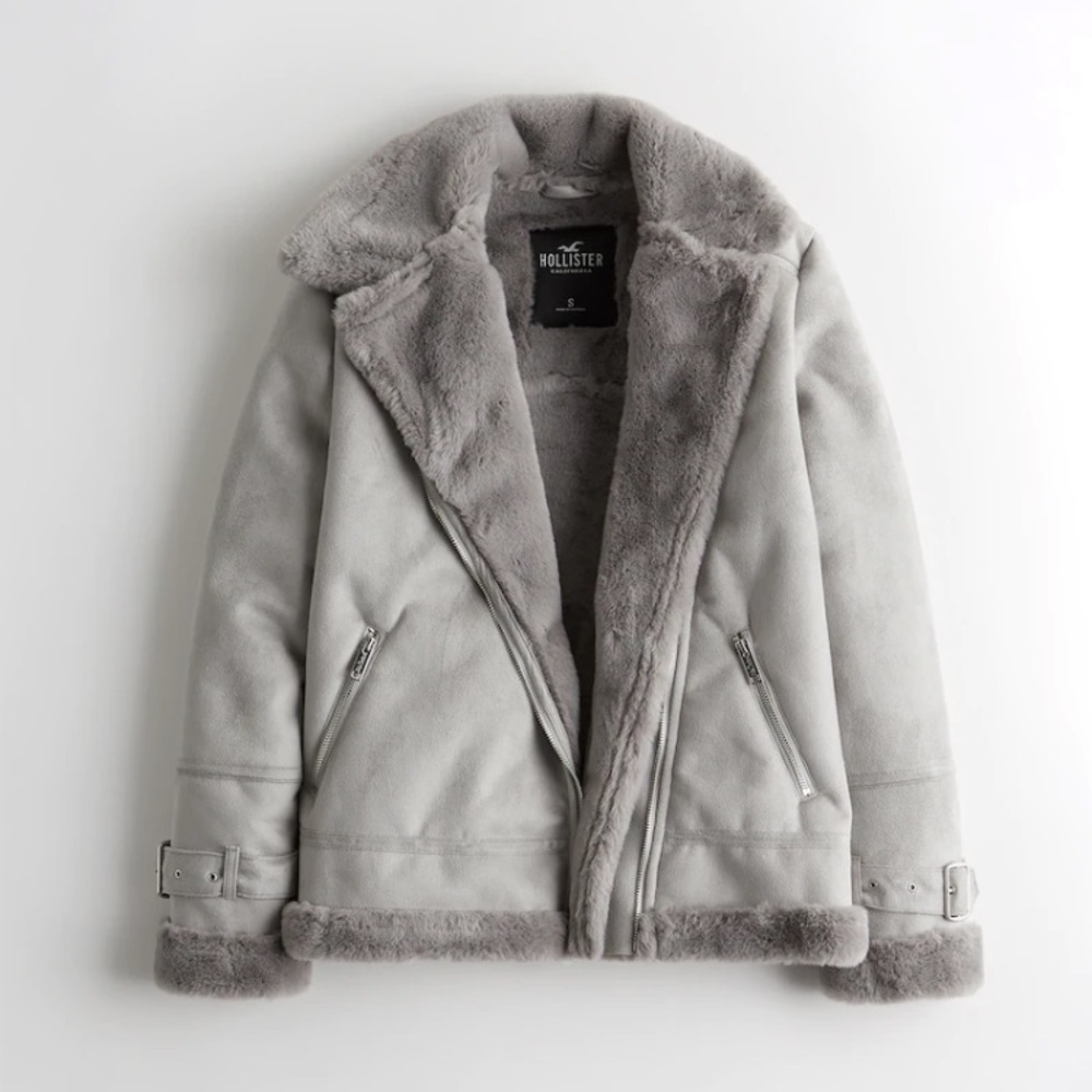 Faux Shearling Grey Biker / Moto Jacket: Hollister M